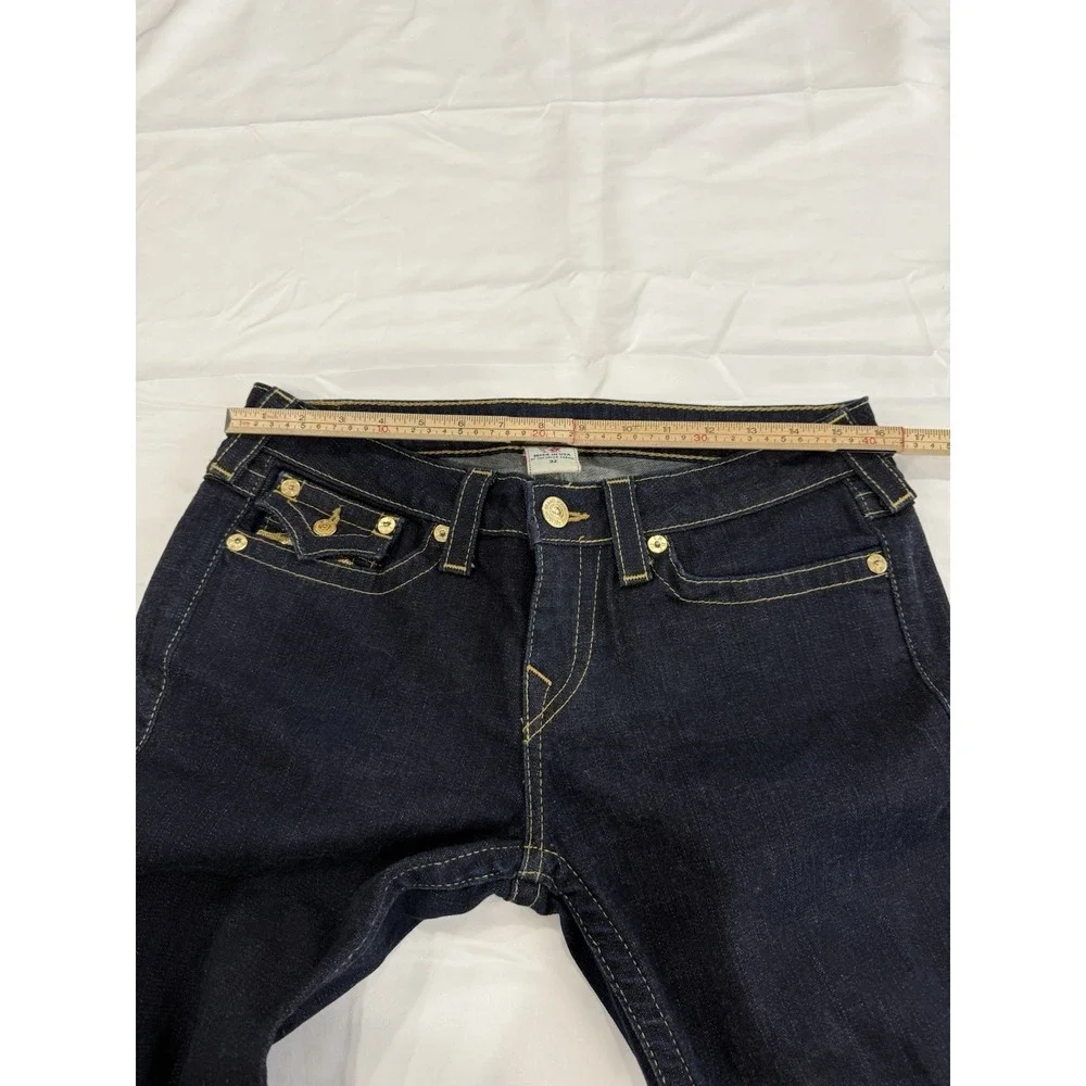Women's True Religion High-Rise Bootcut Dark Wash Flap Pocket Thick Stitch Sz 32